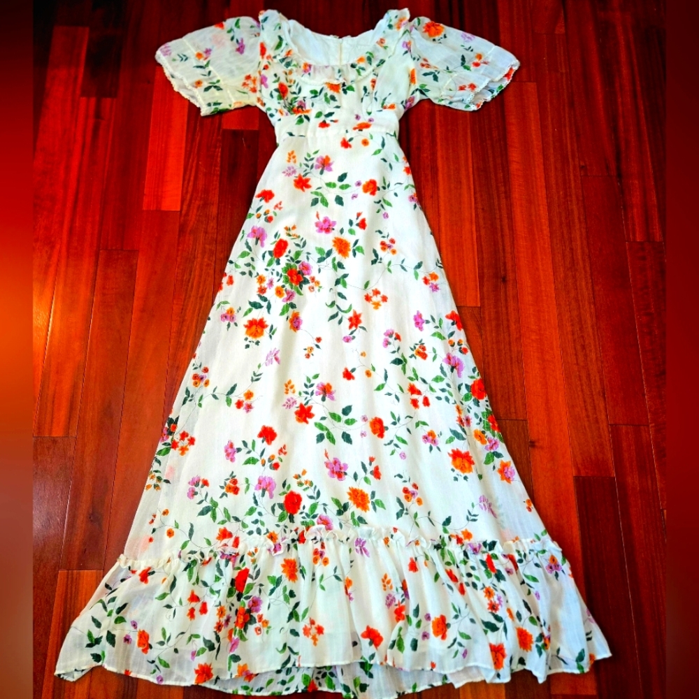Vintage Women's 7 Floral Maxi Dress Puff Sleeves Prairie Cottagecore Gardenparty